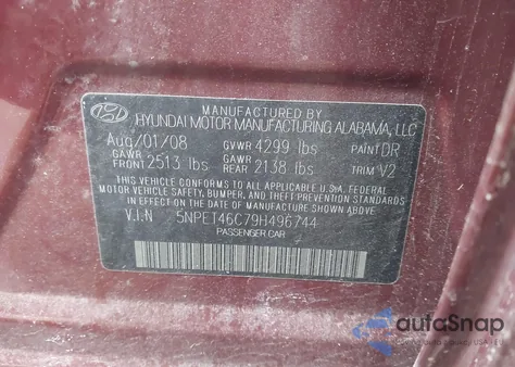 2009 Hyundai Sonata Gls from USA, damaged, VIN 5NPET46C79H496744
